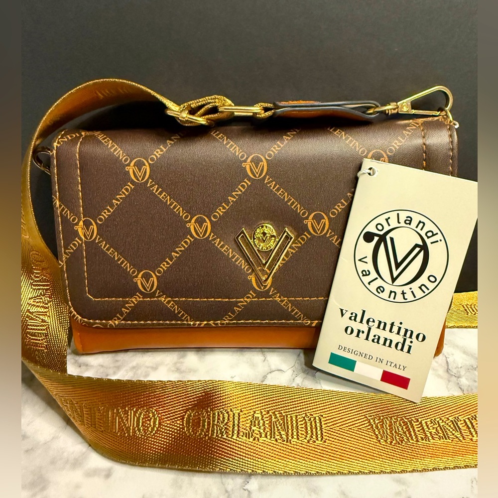 Valentino Orlandi Chocolate and Gold Logo printed Crossbody Bag MSRP $159.00